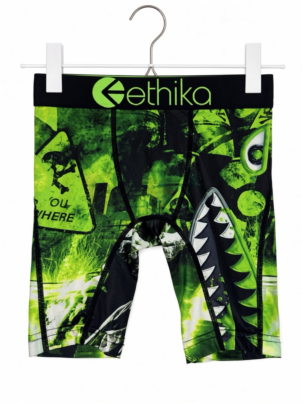 Ethika Youth Boxer Briefs S NWOT Green Shark Print Motorsports Waist 10”